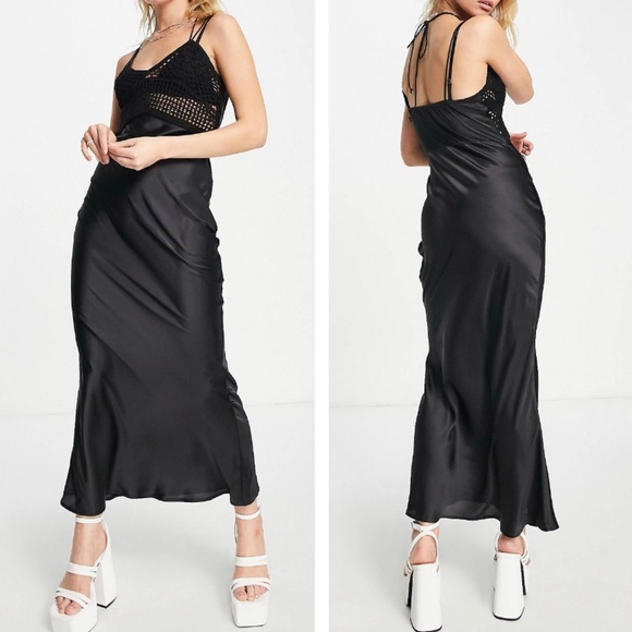 ASOS Dresses & Skirts - NWT ASOS Crochet Bodice Maxi Satin Slip Dress in Black